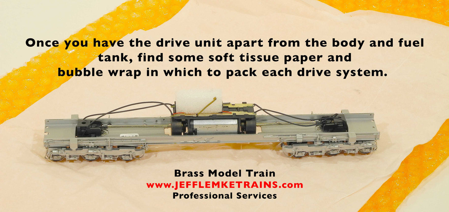 Shipping Brass Model Train Diesel Drives for Repairs to Jeff Lemke Trains, Inc.
